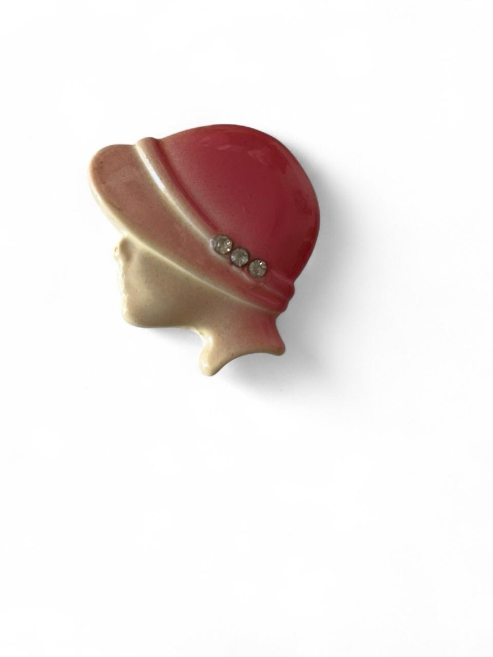 Vintage Art Deco Lady Head Brooch in Pink and Cream